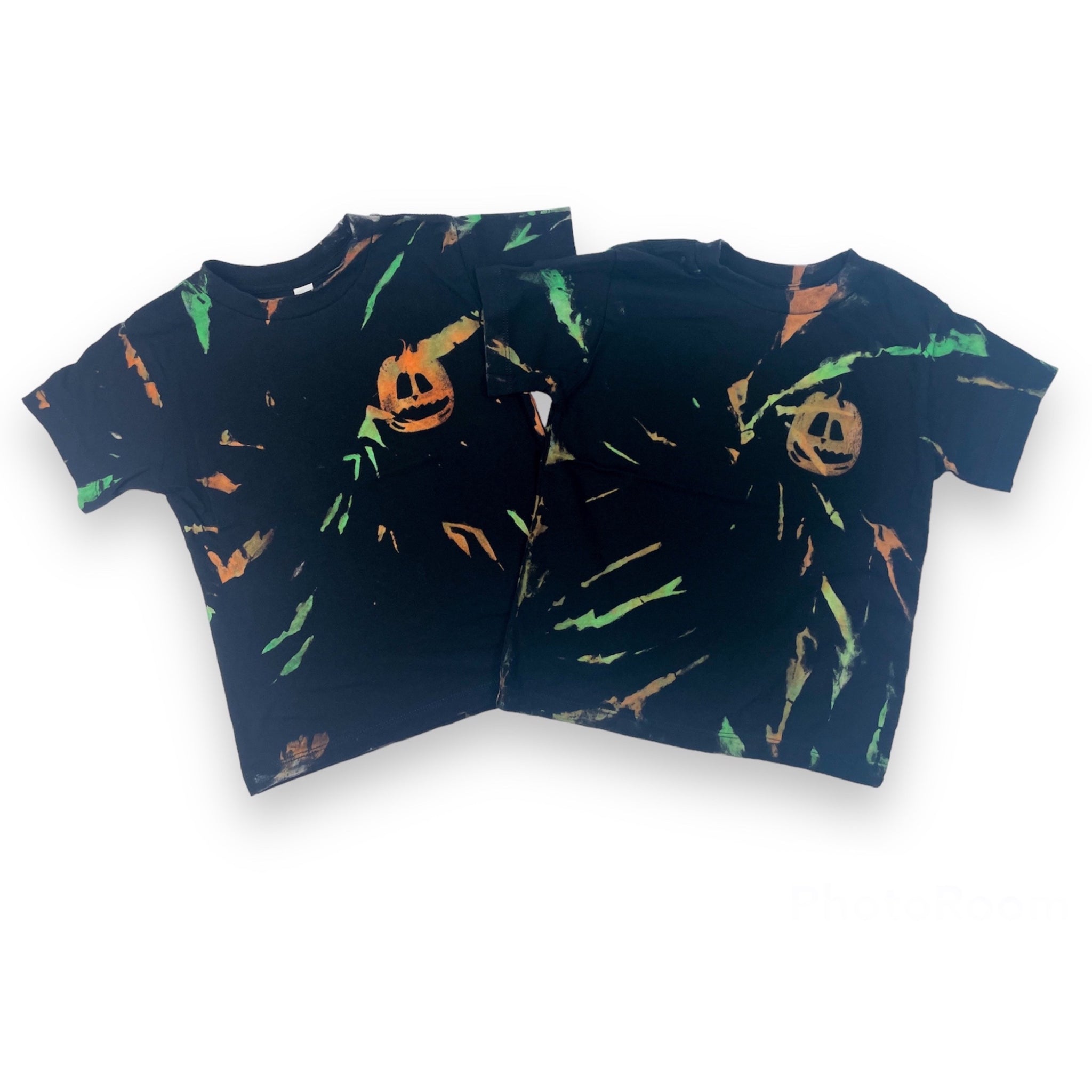 Pumpkin, orange and green, reverse tie dye t-shirts